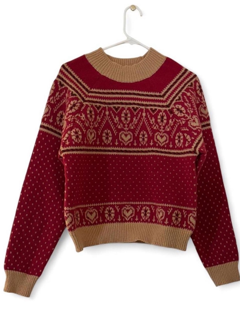 vestique Red Fair Isle Crewneck Sweater with Tan Trim